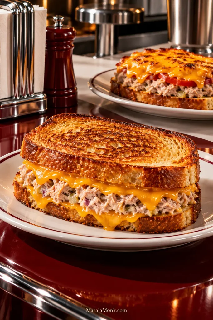Closed grilled tuna melt in the foreground with an open-faced tuna melt topped with tomato and browned cheddar behind it.