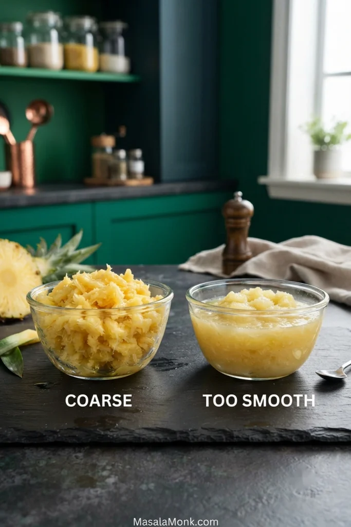 Two bowls comparing coarsely crushed pineapple with smooth, heavily processed pineapple.