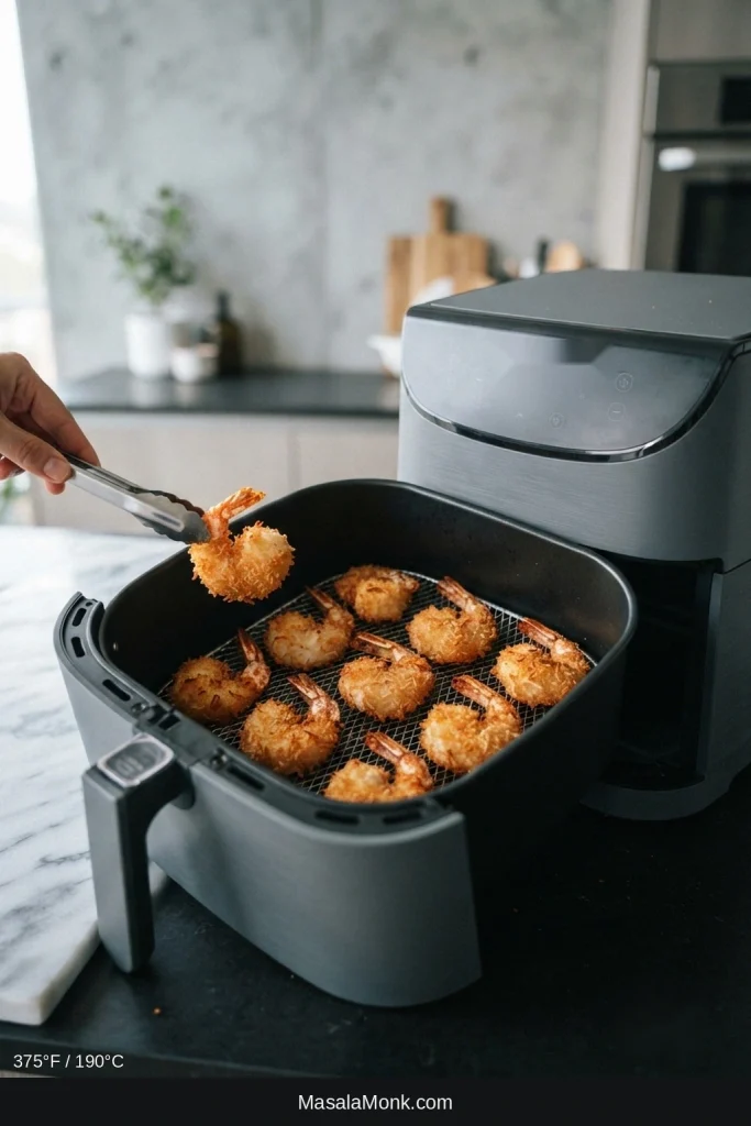 Breaded coconut shrimp spaced apart in an open air-fryer basket with a lightly browned crisp coating.