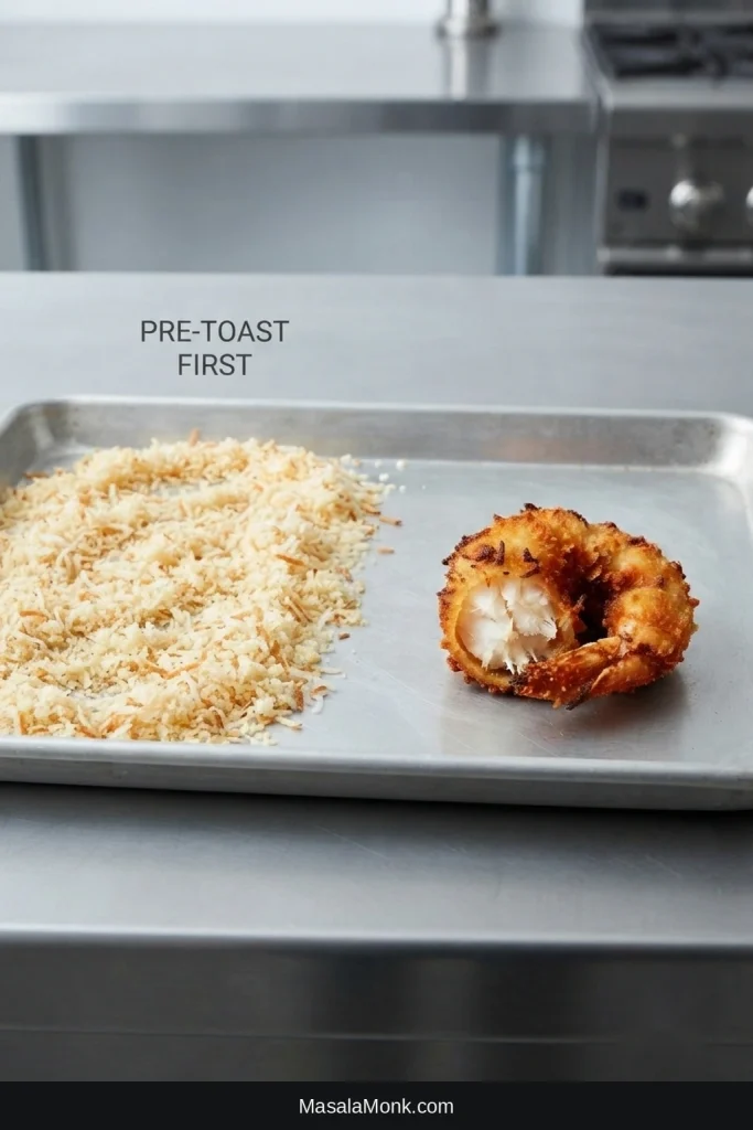 Sheet pan of lightly toasted coconut and panko beside golden baked coconut shrimp on a wire rack.
