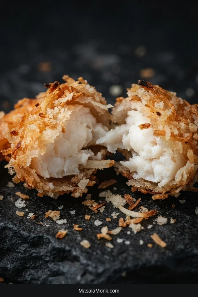Close-up of a cooked coconut shrimp broken open to show crisp coconut-panko coating and opaque white shrimp flesh.
