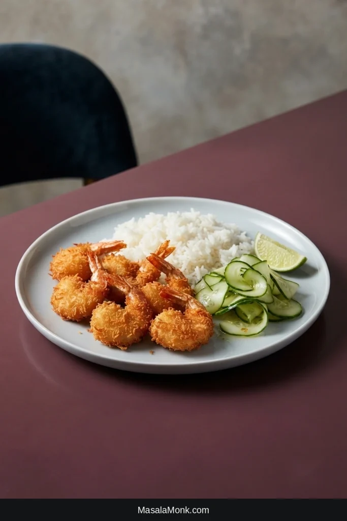 Dinner plate with golden coconut shrimp, jasmine rice, a fresh cucumber side, dipping sauce, and lime.