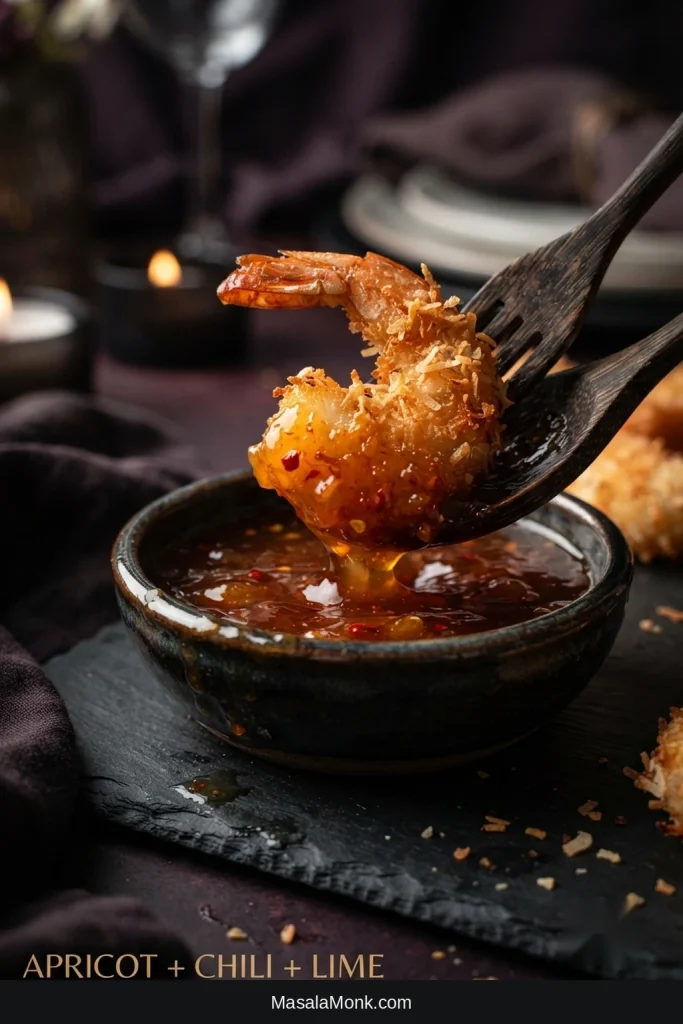 Crisp coconut shrimp being dipped into a glossy orange-red apricot and sweet chili sauce with lime nearby.