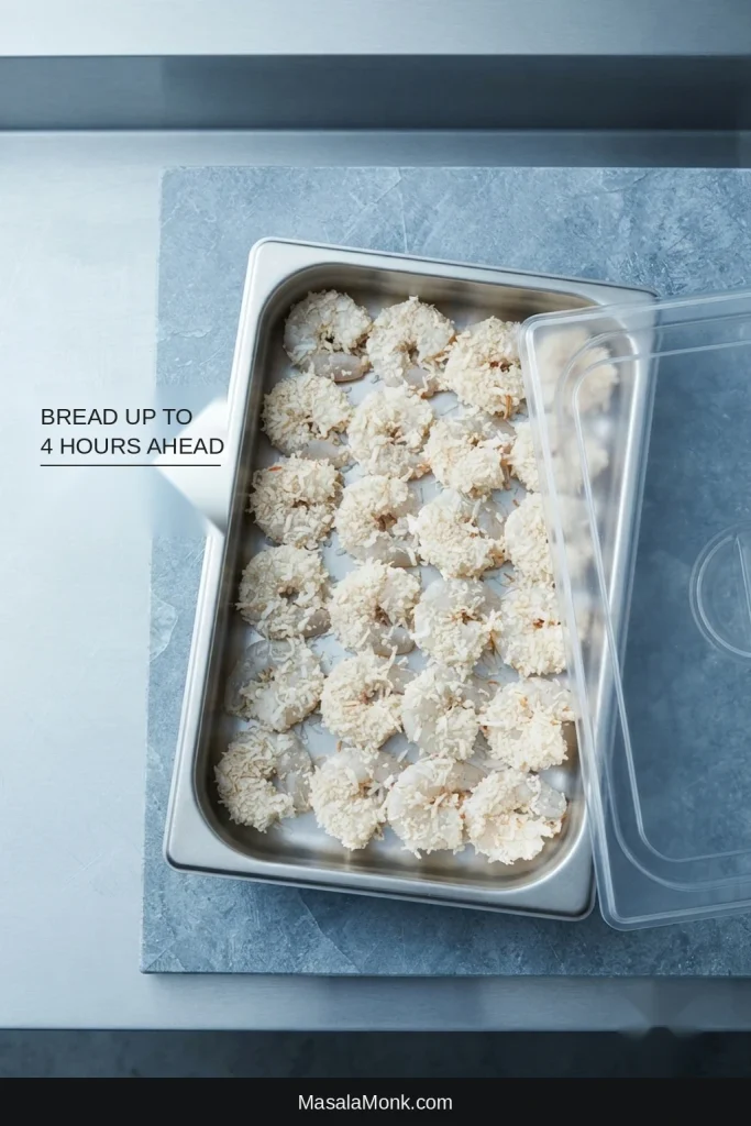 Raw breaded coconut shrimp arranged in a single layer in a covered tray for refrigerated make-ahead preparation.
