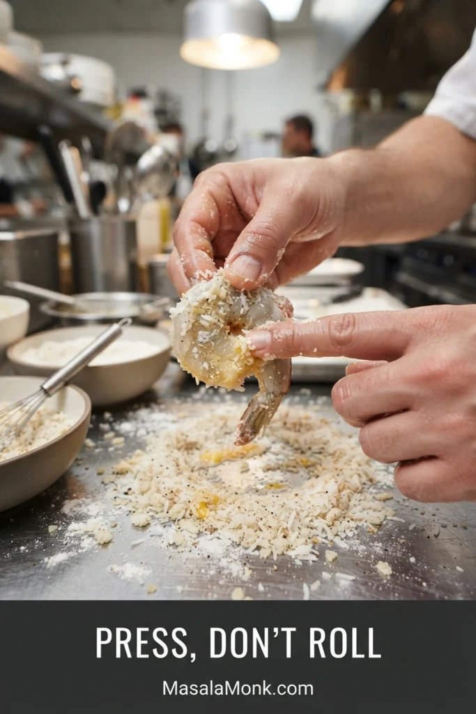 Hands pressing shredded coconut and panko onto a raw shrimp during breading, with flour and beaten egg in separate bowls.