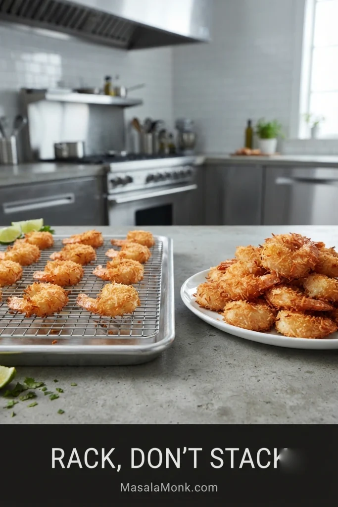 Cooked coconut shrimp spaced on a wire rack compared with shrimp piled closely together on a plate.