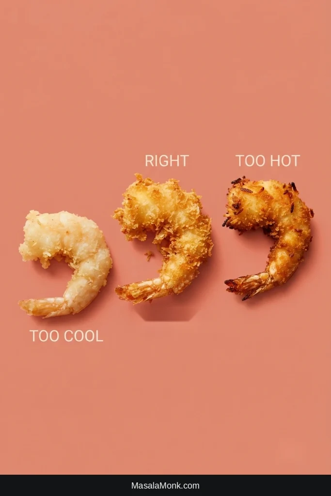 Three breaded coconut shrimp showing pale under-browning, ideal deep-golden browning, and overly dark browning from different frying conditions.
