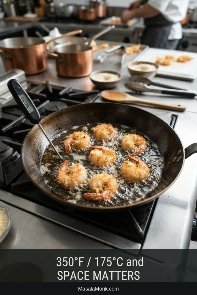 Seven breaded coconut shrimp frying with space between them in shallow oil in a skillet, with a thermometer showing about 350°F.