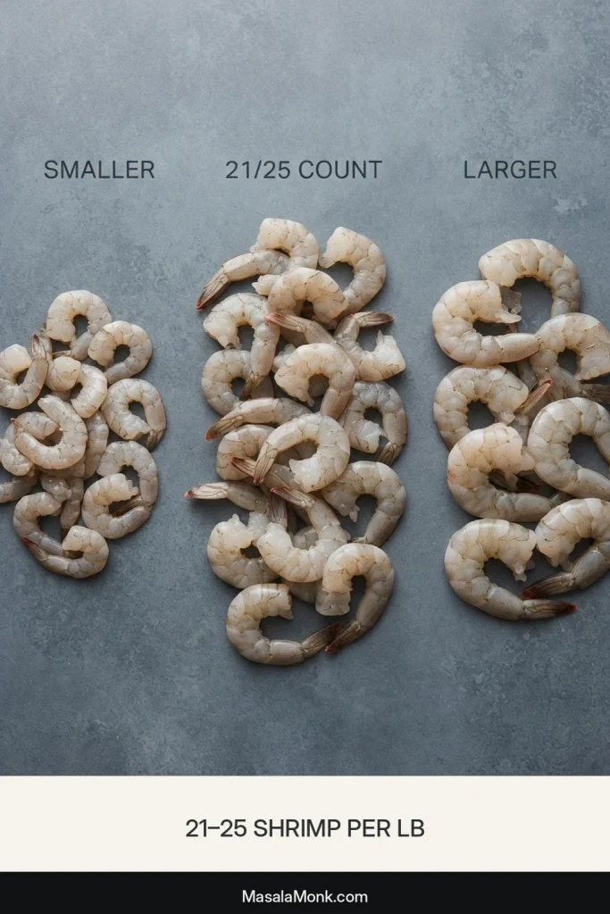 Raw peeled and deveined shrimp arranged in different size groups, with 21/25-count shrimp shown between smaller and larger shrimp.