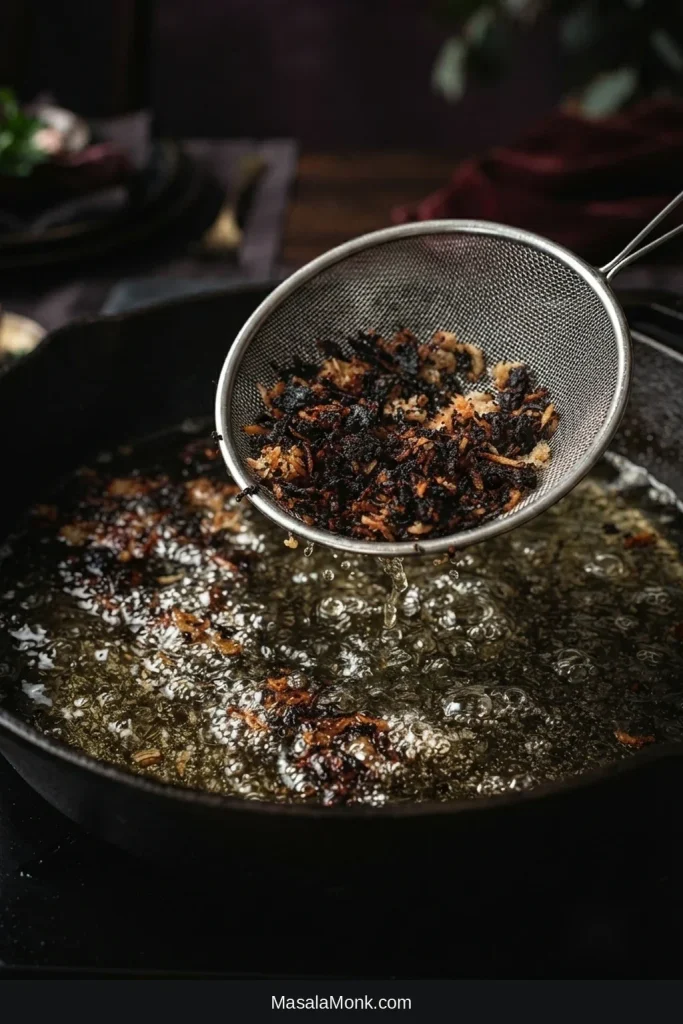 Fine-mesh strainer lifting dark coconut and panko crumbs from hot frying oil in a skillet.