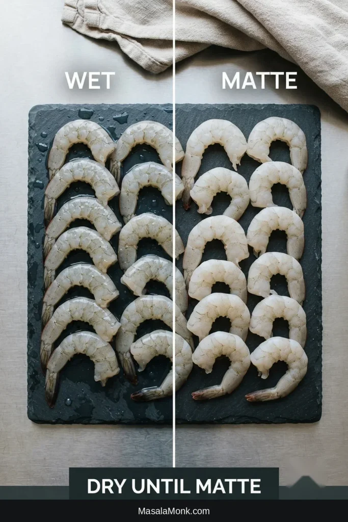 Two raw peeled and deveined shrimp shown side by side, one wet and glossy and the other dry with a matte surface.