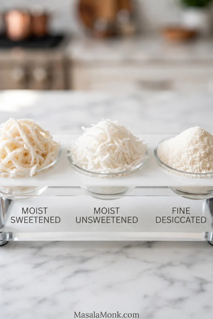 Three samples comparing moist sweetened shredded coconut, moist unsweetened shredded coconut, and fine desiccated coconut.
