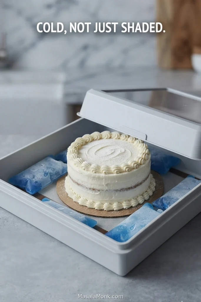 Chilled frosted cake secured inside a rigid transport box with a flat base and cold packs positioned around the cake without touching it.