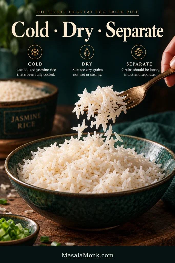 Instructional guide showing cooled cooked rice being loosened with a fork, with visual cues for cold, surface-dry and separate grains.