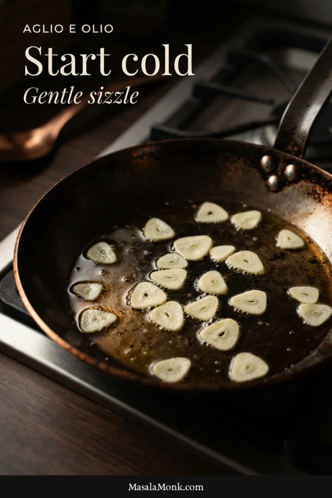 Close-up of thin pale garlic slices gently sizzling in olive oil in a stainless-steel skillet, with small bubbles around the edges.