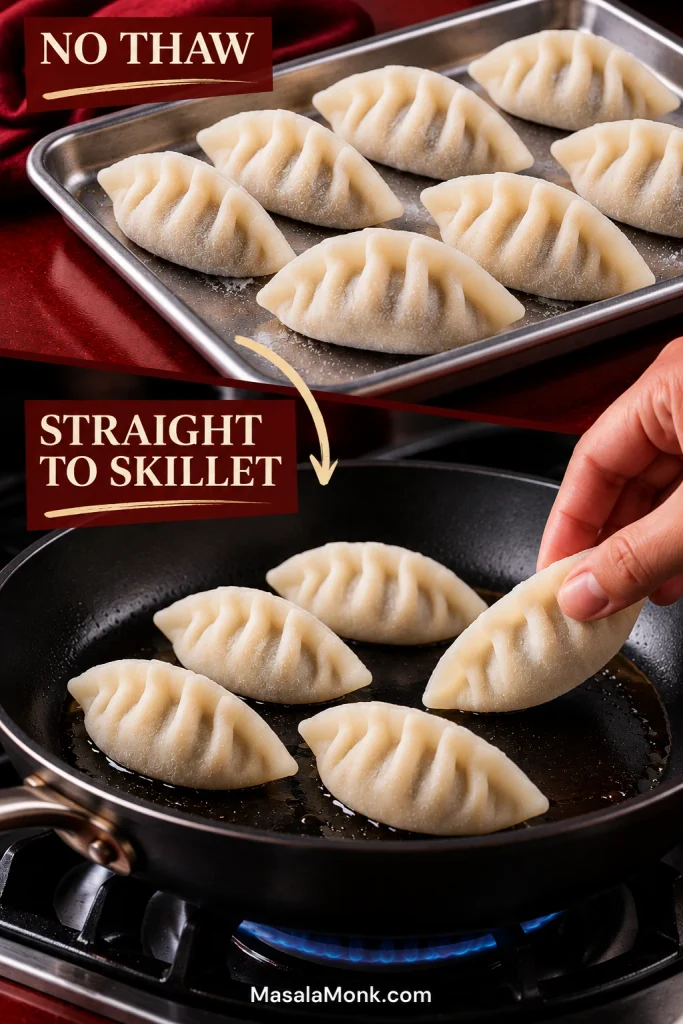 Lightly frosted raw gyoza on a cold tray above a second scene showing frozen dumplings being placed directly into a nonstick skillet.