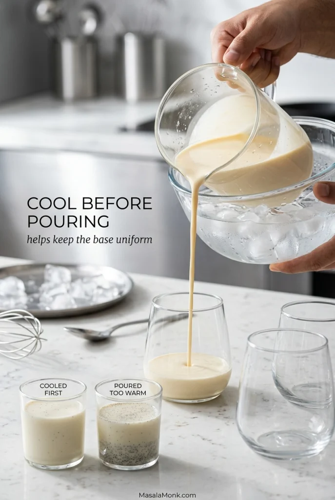 Panna cotta base being cooled and poured, with an example showing vanilla seeds settled at the bottom of a glass.