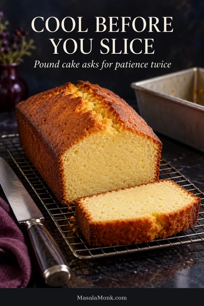 Fully cooled golden pound cake on a wire rack with a cleanly cut slice in the foreground and the empty loaf pan behind it.