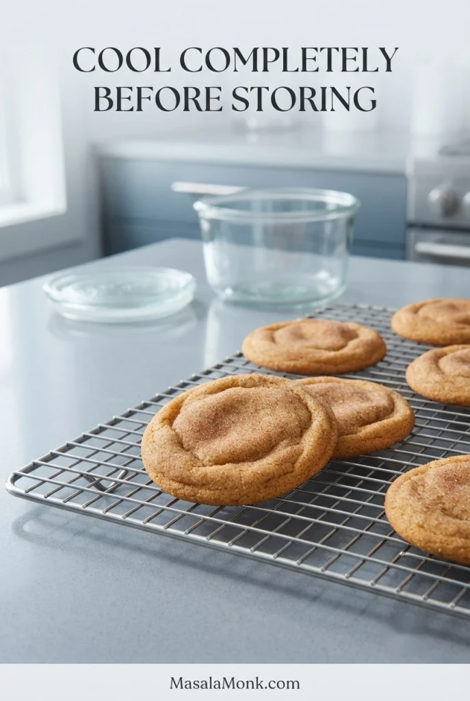 Several snickerdoodle cookies cooling on a wire rack on a bright kitchen counter, with empty storage containers behind them and text reading “Cool completely before storing.”