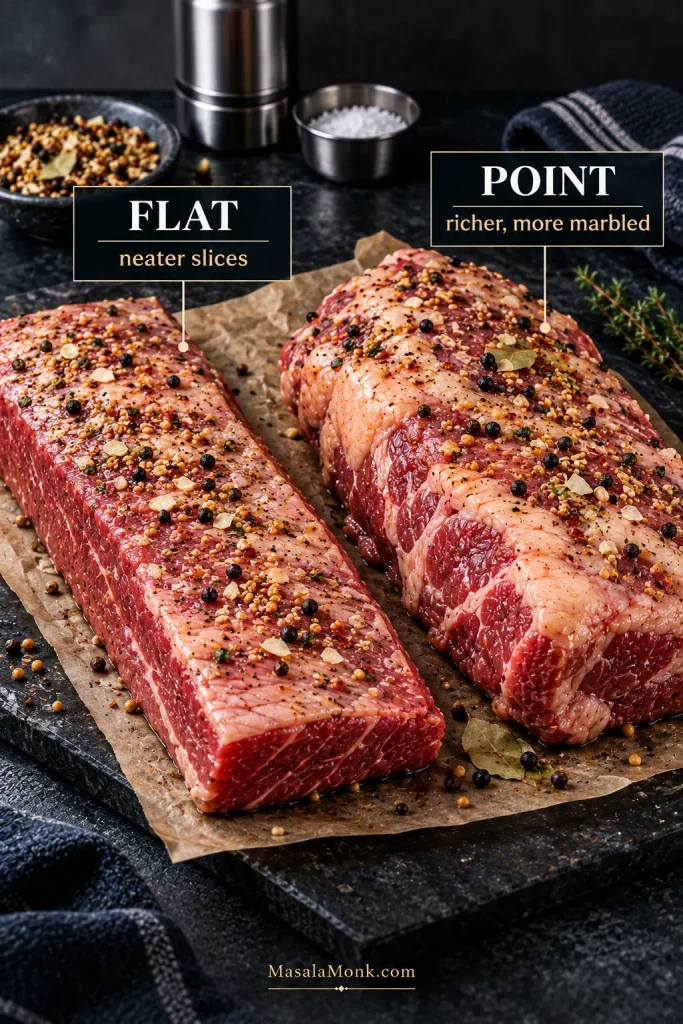 Raw cured brisket flat cut beside a thicker, fattier point cut, showing differences in shape, thickness and marbling.