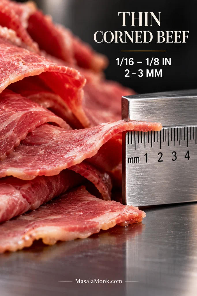 Macro view of thin pink corned beef slices beside a stainless-steel ruler showing a target thickness of about 2 to 3 millimeters or 1/16 to 1/8 inch.