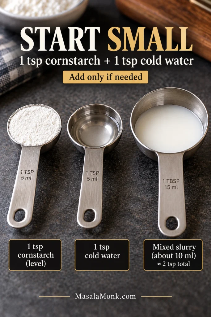 Measuring spoons show one level teaspoon cornstarch, one teaspoon cold water and about 10 milliliters of smooth mixed cornstarch slurry in a tablespoon measure.