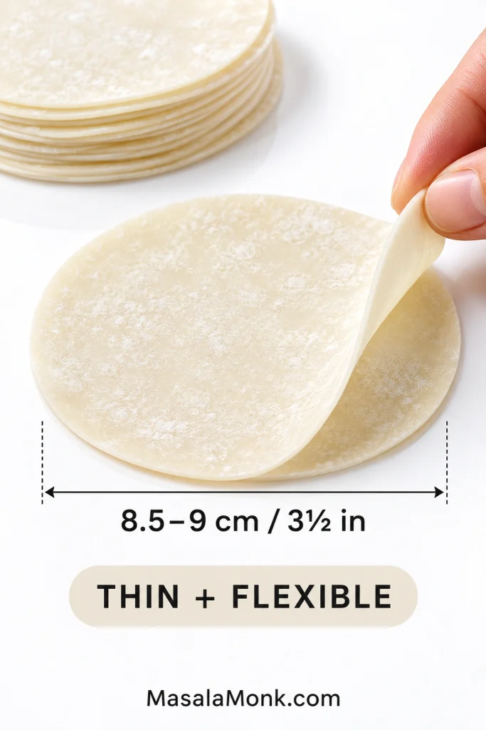 Thin round gyoza wrapper lifted at one edge beside a stack of wrappers, with a measurement indicating about 8.5–9 cm or 3½ inches.