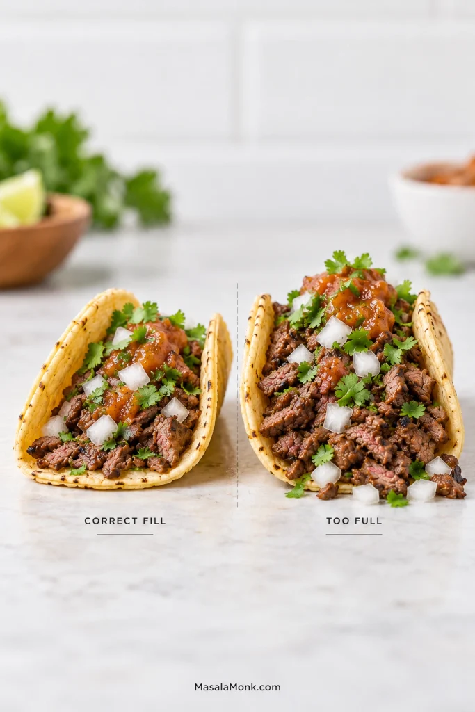 Two carne asada tacos labeled 'Correct Fill' and 'Too Full'; the first folds neatly while the second bulges and spills chopped beef and toppings.