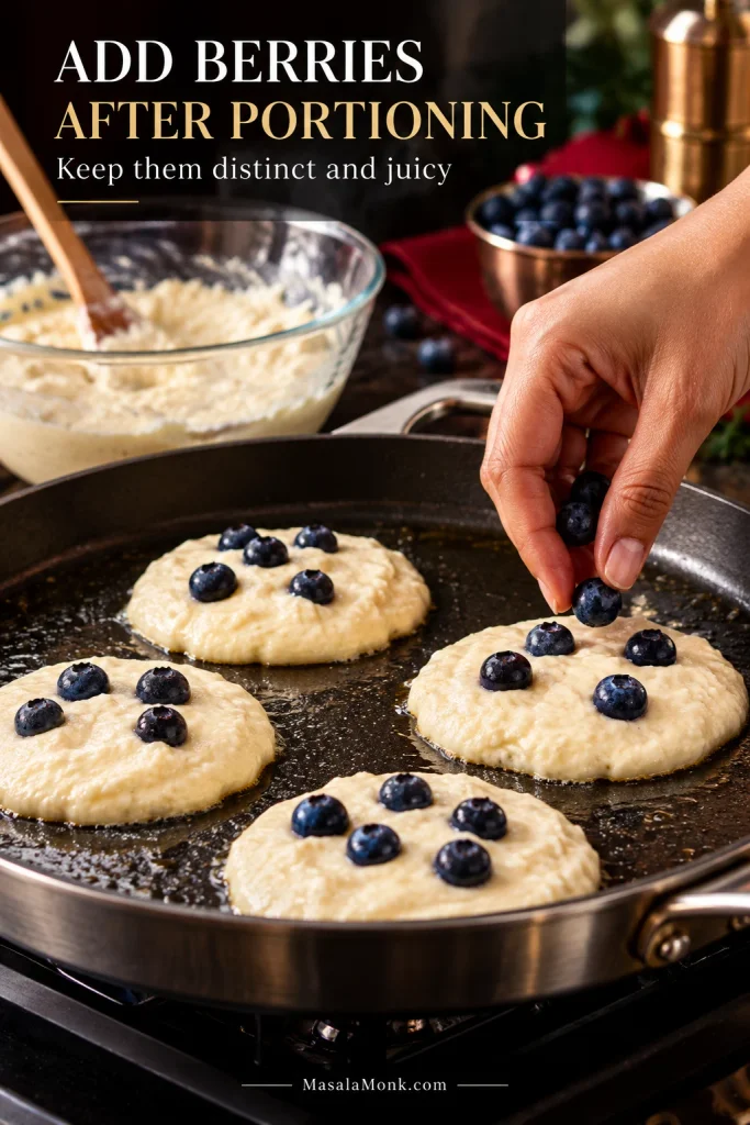 A hand scatters blueberries onto individual uncooked cottage cheese pancakes after the batter has been portioned into a skillet.