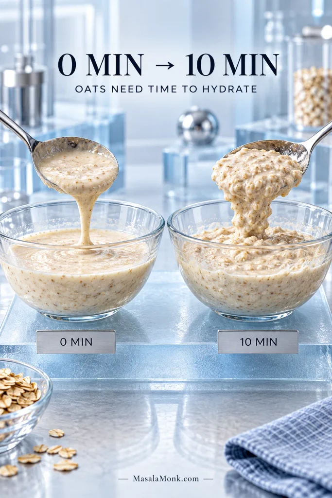 Two bowls of oat pancake batter at zero and ten minutes showing the mixture change from loose and flowing to thicker and scoopable.