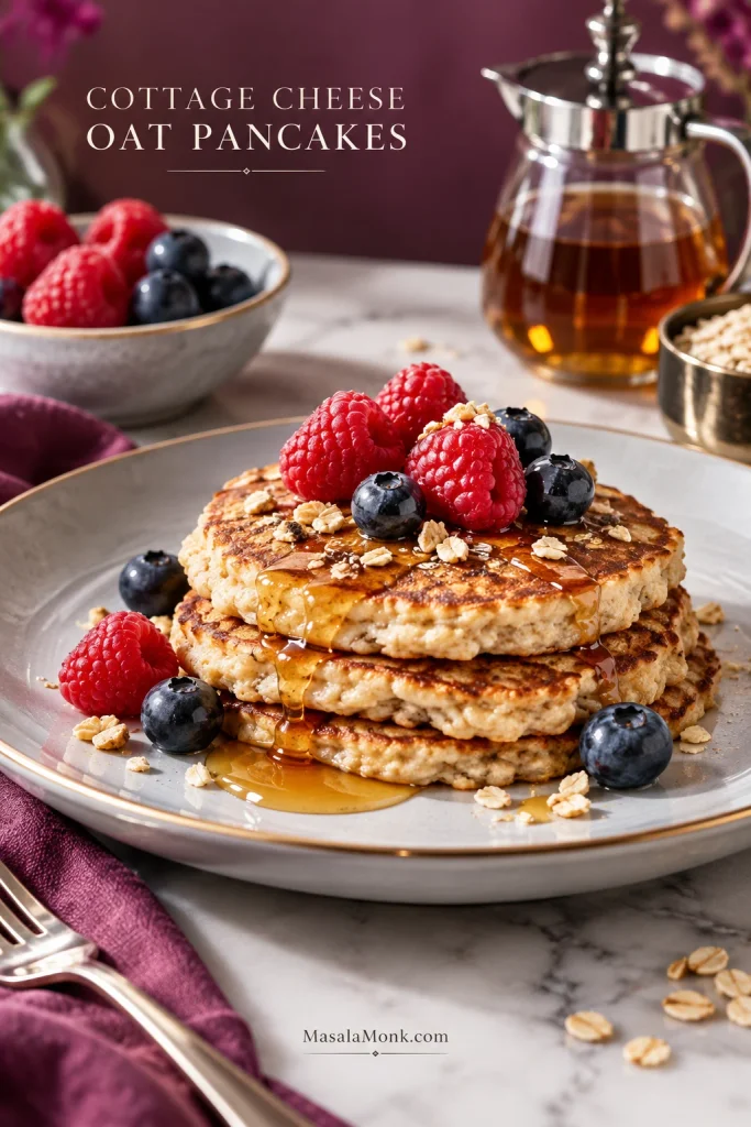 Small golden cottage cheese oat pancakes with a visibly soft oat-textured crumb served on a raspberry-toned set.