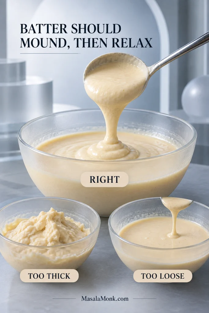 Three cottage cheese pancake batters showing too-thick, correct and too-loose consistency, with the correct batter slowly mounding and settling.