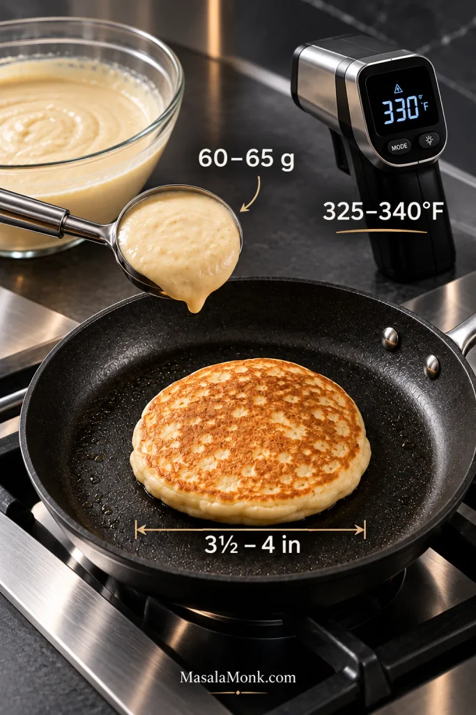 Pancake calibration scene showing a 60–65 gram batter portion, skillet temperature near 330 degrees Fahrenheit and a 3½–4-inch pancake.
