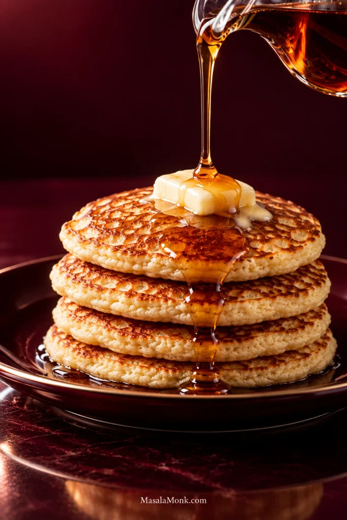 Maple syrup pouring over melting butter on a stack of four hot golden cottage cheese pancakes on a deep burgundy plate.