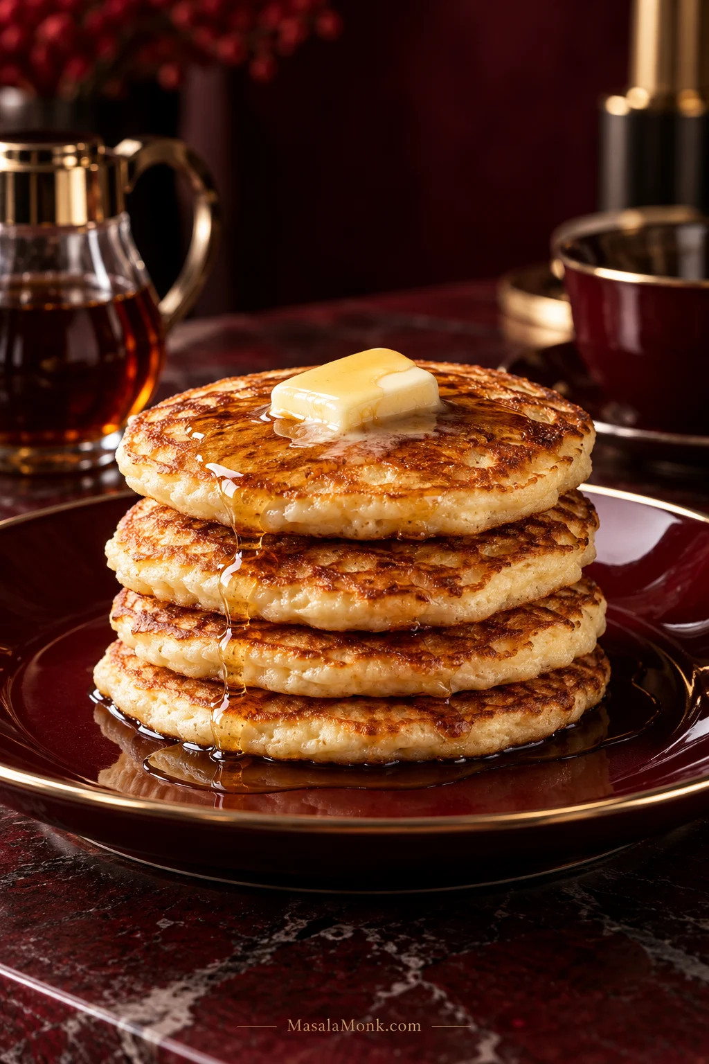 Four golden cottage cheese pancakes stacked on a deep cherry plate with melting butter and maple syrup.