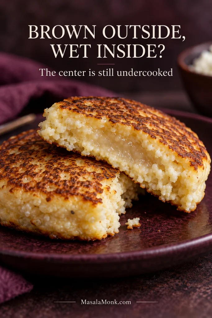Browned cottage cheese pancake cut open to reveal a glossy undercooked strip through the center.