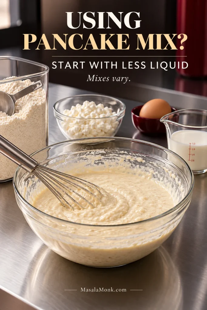 Bowl of pancake-mix batter with unbranded dry mix, cottage cheese, an egg and a small measured amount of milk nearby.