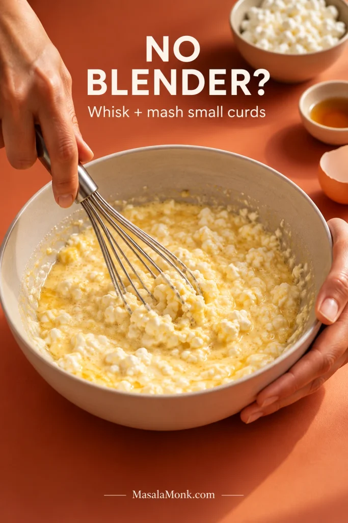 Hands using a whisk to mash small cottage cheese curds into the wet pancake ingredients in a bowl.