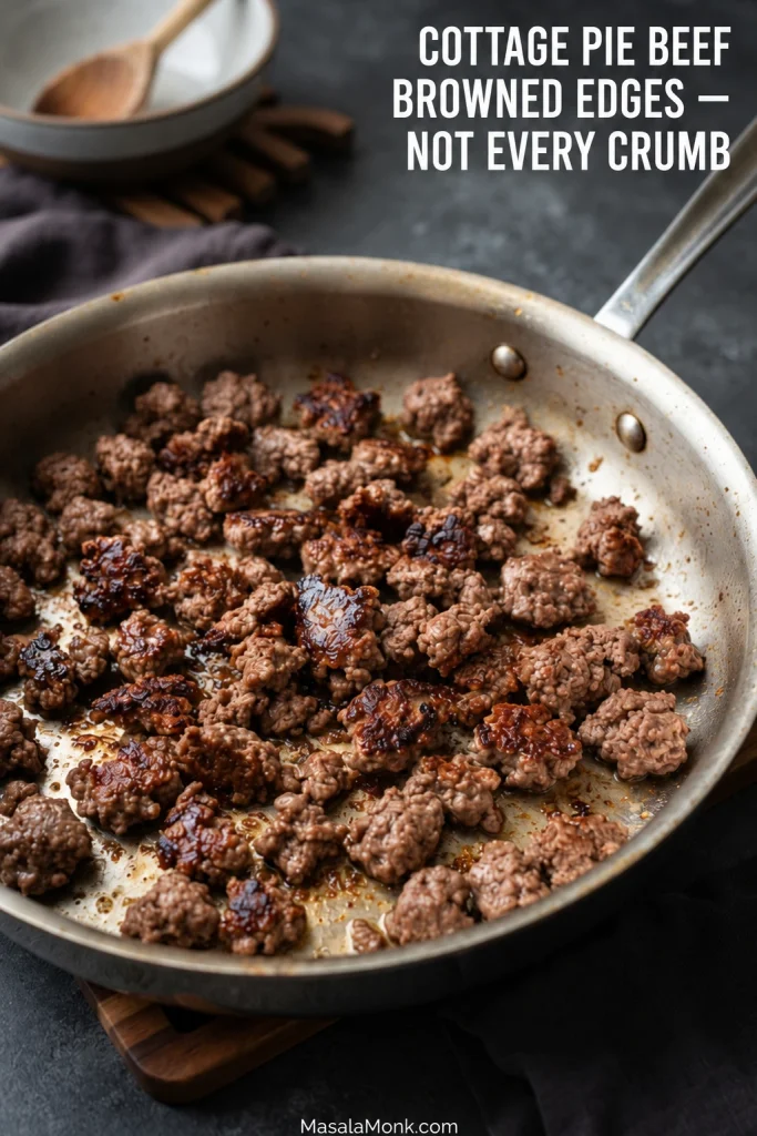 Ground beef crumbles browning in a stainless-steel skillet, with lighter brown pieces and darker seared edges.