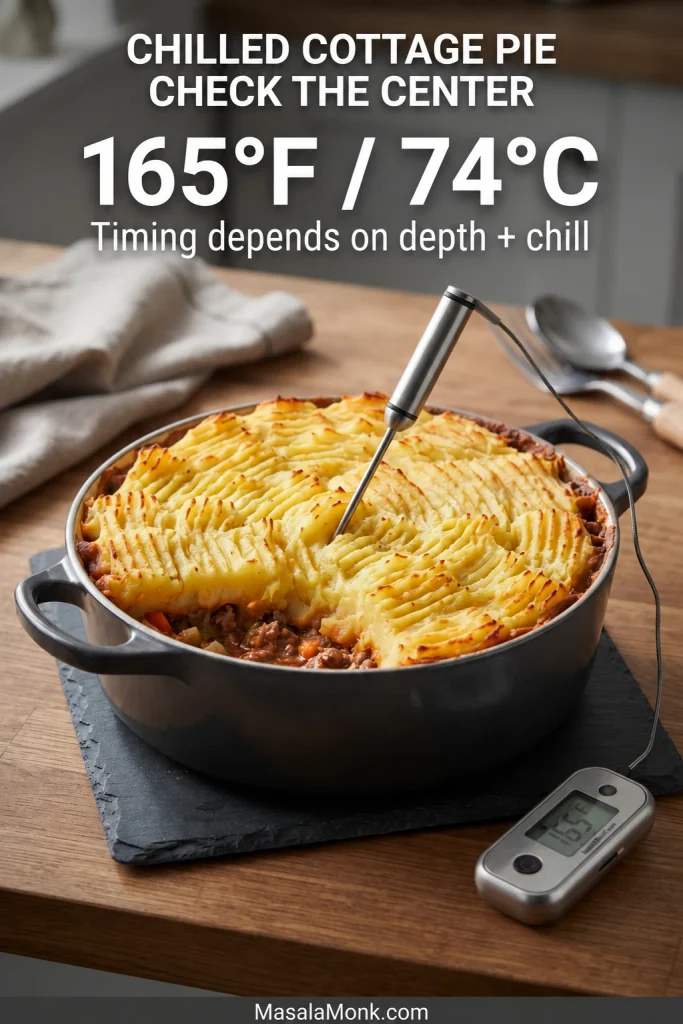 Probe thermometer inserted through the mashed potato into the center of a baked cottage pie; on-image text shows 165°F / 74°C.