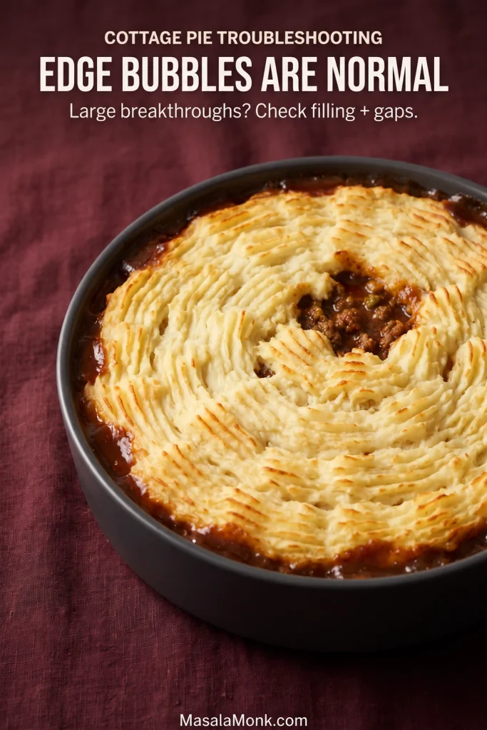 Baked cottage pie with golden fork ridges, thin gravy seepage around the inner rim and one larger opening exposing the beef filling.