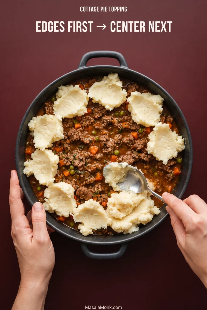 Overhead cottage pie filling with irregular spoonfuls of mashed potato placed around the outer edge while the center remains uncovered.