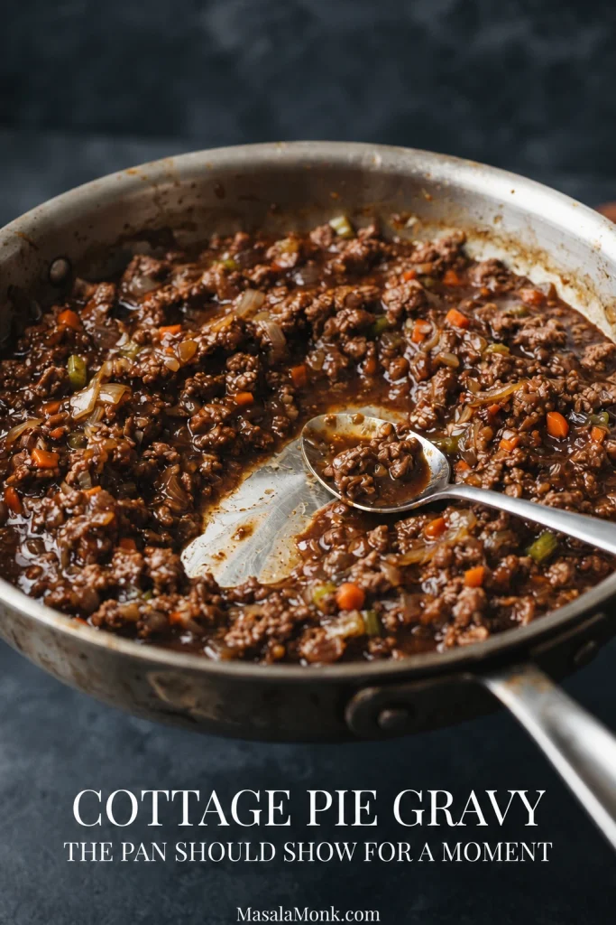 Ground beef, carrots, onion and celery in thick brown gravy with a spoon track exposing the bottom of a stainless-steel skillet.