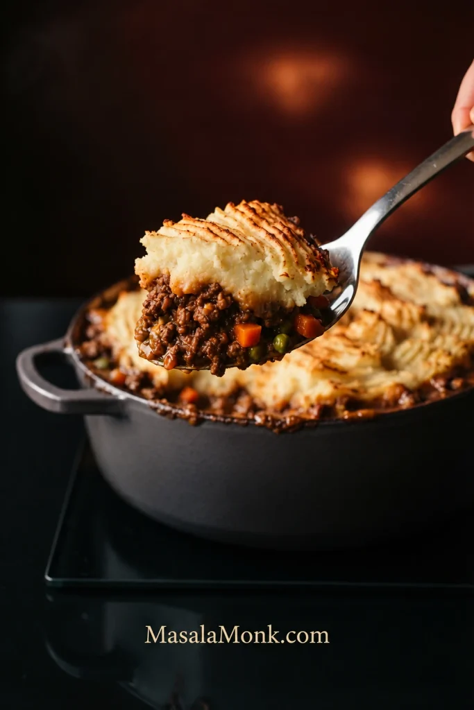 Serving spoon lifting cottage pie with browned mashed potato over ground beef, carrots and peas, leaving an exposed cavity in the casserole.