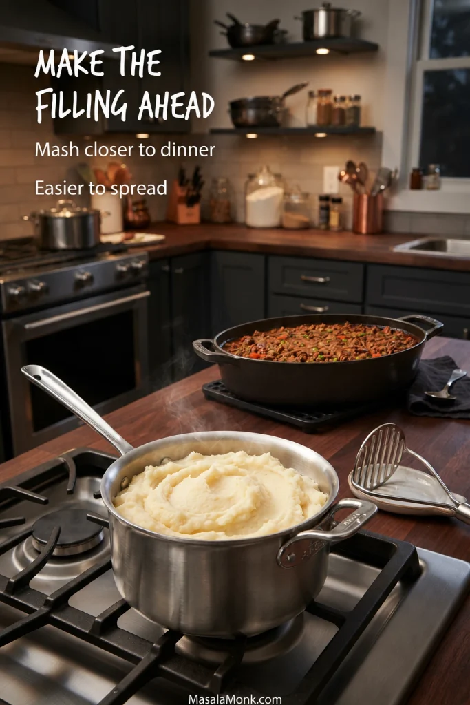 Steaming mashed potatoes in a saucepan in the foreground with a casserole of ground-beef cottage pie filling behind them.