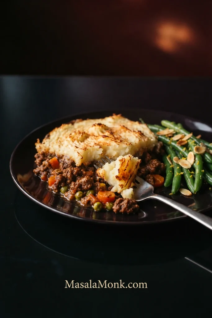 Plated cottage pie with browned mashed potato and ground beef filling beside green beans with sliced almonds, with a fork breaking into the topping.