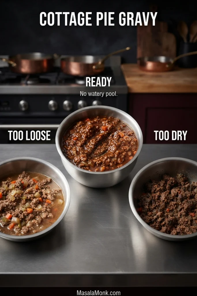 Three pans of ground-beef cottage pie filling labeled Too Loose, Ready and Too Dry, showing decreasing amounts of free gravy.