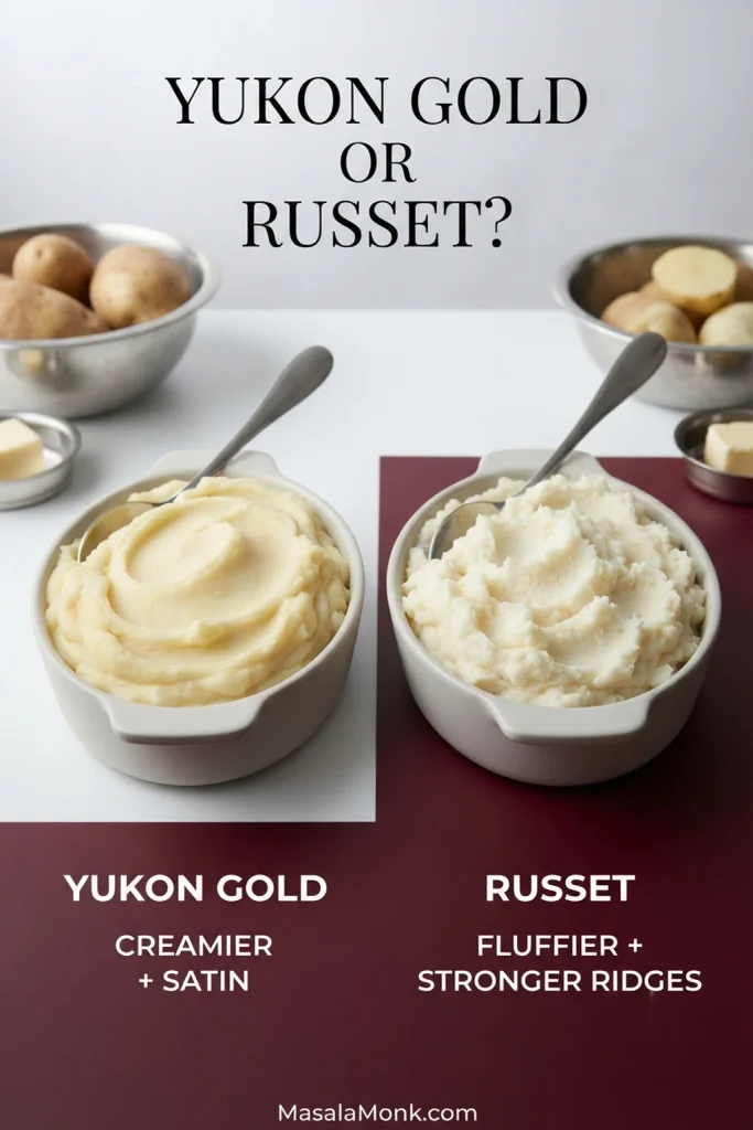 Two mashed potato samples comparing smoother Yukon Gold mash with fluffier, more ridged russet mash.