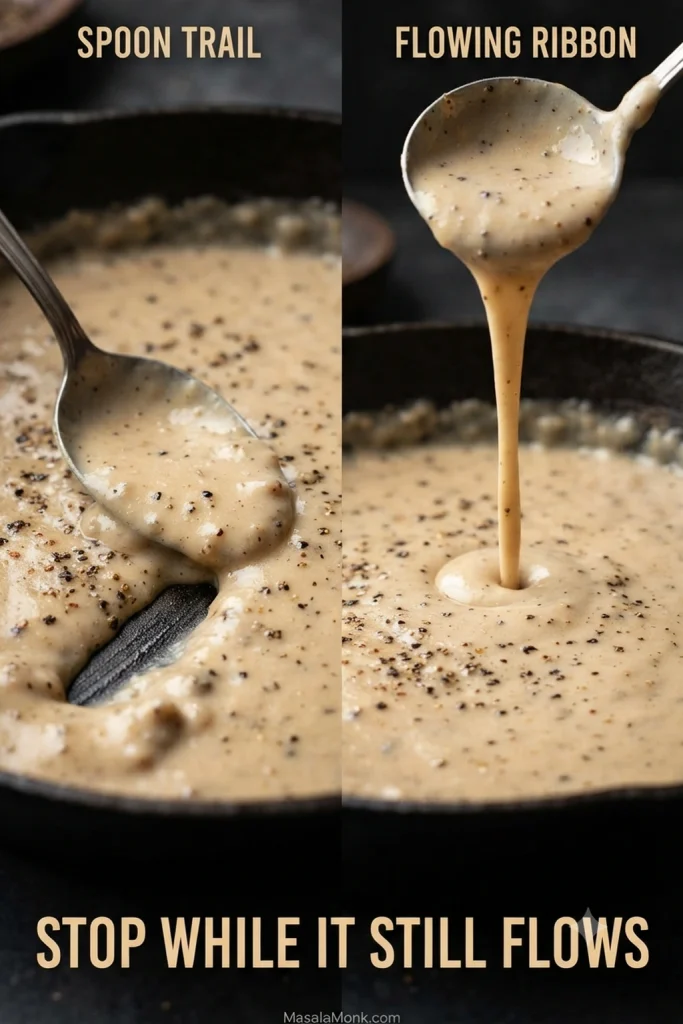 Close-up of creamy pepper gravy showing a spoon trail in the skillet and gravy falling back in a smooth, flowing ribbon.