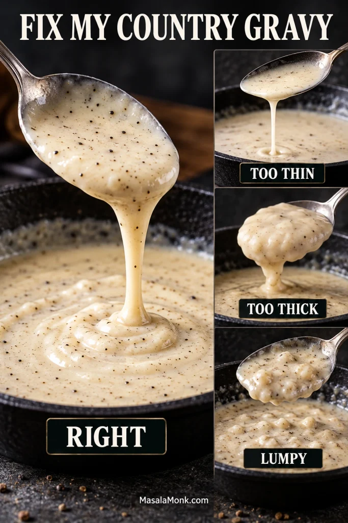 Gravy troubleshooting graphic comparing smooth correct country gravy with examples that are too thin, too thick, and visibly lumpy.